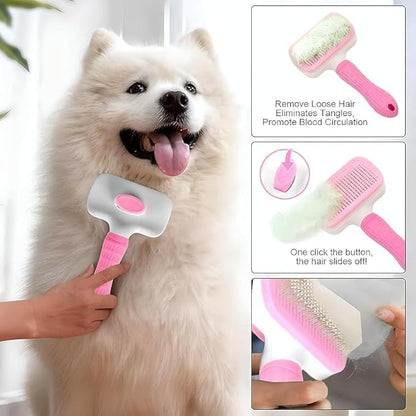 Pet hair grooming square brush with Massage Particles, Self Cleaning Dematting Comb Dogs and Cats, Easy to Use, Ergonomic Handle Design (Pink)