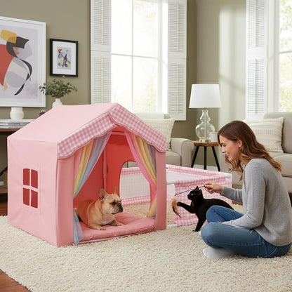 Cute Pink Princess 26 * 26 * 26.8" Dog House Bed for Pets Dogs Cats with Playpen, Cozy Confortable Puppy Cat Rabbit Kennel Bed Playhouse Tent w/Washable Cushion, Holds Up to 50lbs Pets