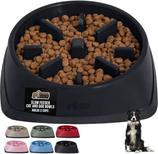 GORILLA GRIP Patented BPA Free Slow Feeder Dog Bowls, Interactive Puzzle Toy for Dogs and Cats Food Training Enrichment, Keeps Pets Busy and Prevents Puppy Overeating, All Breeds, 2 Cup, Black