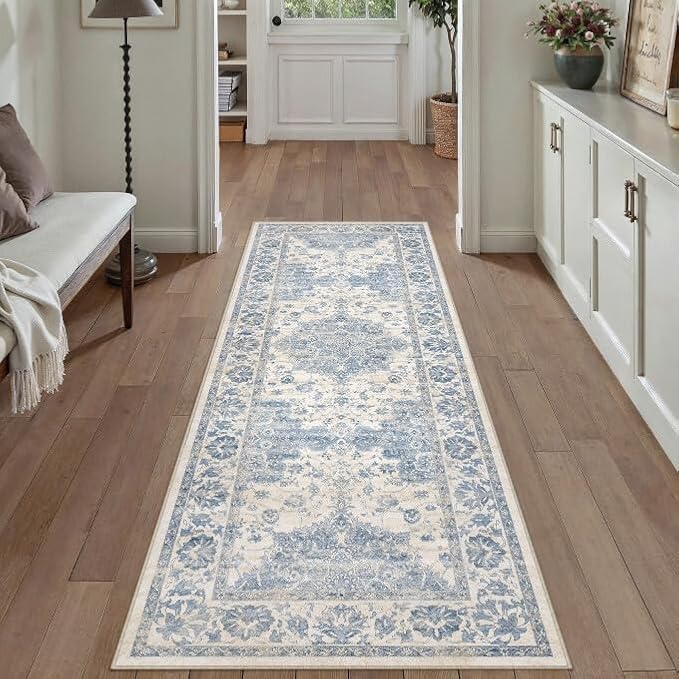 Washable Runner Rug 2x6 for Hallway Blue Vintage Long Carpet Soft Low Pile Non Slip Throw Rug Floral Distressed Accent Rug for Entryway Bathroom Office Laundry Dining Room