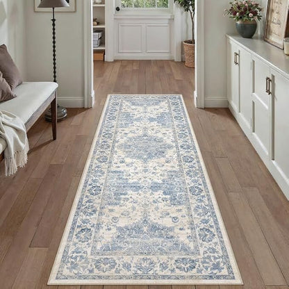 Washable Runner Rug 2x6 for Hallway Blue Vintage Long Carpet Soft Low Pile Non Slip Throw Rug Floral Distressed Accent Rug for Entryway Bathroom Office Laundry Dining Room