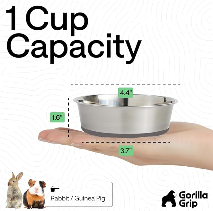 GORILLA GRIP Dog Bowls, Heavy Duty 304 Stainless Steel, Holds 1 Cup Each (8 fl oz) Food and Water Bowl for Feeding Dogs and Cats, Dishwasher Safe, Rust Resistant, BPA Free Rubber Base Set of 2 Gray