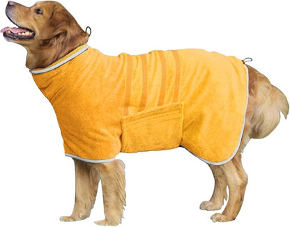 Dog Robe - Fast Drying Towel - Microfiber Super Absorbent Pet Bathrobe, Adjustable Collar & Belly Strap (Yellow, XX-Large)