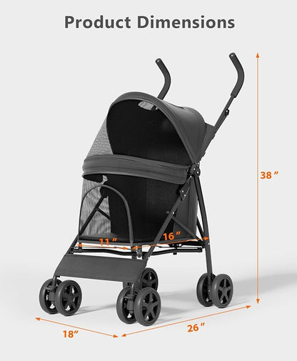 OS MOTOR Pet Stroller with 4 Wheels for Small/Medium Pets, Portable Travel Foldable Carrier Jogger for Dog Cat Puppy Kitty, Rear Wheel Breaks, Storage Basket, Visible Mesh with Weather Cover (Black)