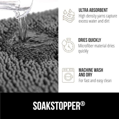 GORILLA GRIP SoakSTOPPER Dog Door Mat, 30x20 Machine Washable Rug Absorbent Doormat Captures Moisture Mud Dirt, Quick Dry Soft Chenille Entryway Rugs Indoor Entrance Mats for Dog Paws, Grey