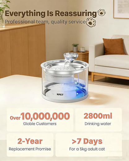 NPET N280 Cat Water Fountain Glass, 95oz/2.8L Automatic Pet Fountain Dog Stainless Steel Tray, Water Dispenser for Cats, Dogs, Multiple Pets (Water Fountain + 5 Filters)