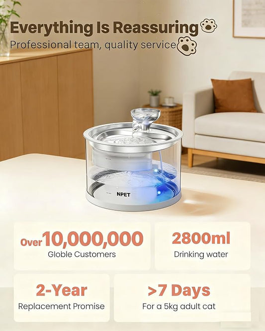 NPET N280 Cat Water Fountain Glass, 95oz/2.8L Automatic Pet Fountain Dog Stainless Steel Tray, Water Dispenser for Cats, Dogs, Multiple Pets (Water Fountain + 5 Filters)