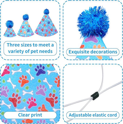 6pcs Dog Birthday Party Hats Felt for Large XL XXL Giant Breed Dogs Paw Bone Print with Pompons for Holiday Birthday Wedding Costume Head Wear Accessories
