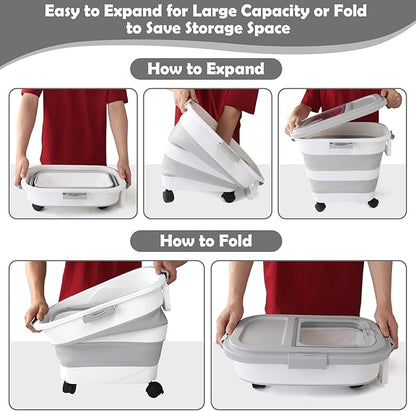 Pet Food Storage Container, 25lbs Large Collapsible Dog Cat Food Container with Airtight Lids Wheels Handle Scoop Measuring Cup Small Container, Rice Kitchen Dry Food Storage Dispenser Bin (Grey)