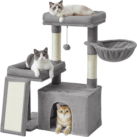 Feandrea Cat Tree, Cat Tower Condo with Scratching Posts and Ramp, 2 Large Perches, Cave, Basket, 33.8 Inches Tall, Dove Gray UPCT013GD02S