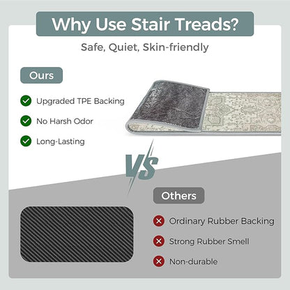 Non Slip Stair Treads for Wooden Steps 15PCS - 8"x30" Indoor Safety Carpet, Edging Mats with TPE Adhesive Backing, Pet and Elderly Friendly Stair Rugs (Sage&Green)