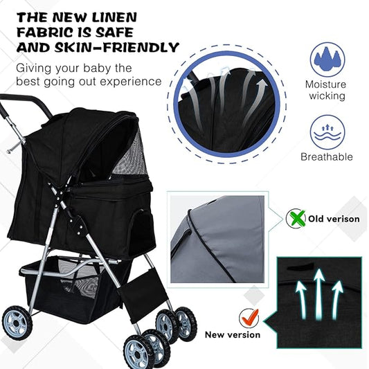 Dog Stroller for Small Dogs,Pet Stroller Strolling Cart 4 Wheels Folding Pet Gear Lightweight Waterproof with Storage Basket for Puppy Small Medium Dogs Cats for Travel,Black
