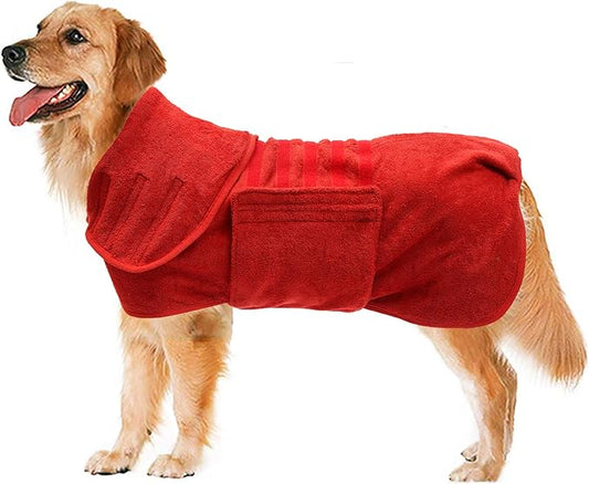 Geyecete Dog Drying Coat - Dog Bathrobe Towel - Microfibre Fast Drying Super Absorbent Pet Cat Bath Robe Towel - Red-S
