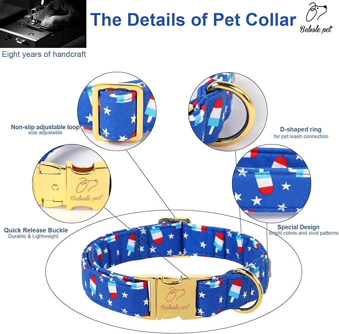 4th of July Dog Collar, Blue Flag Popsicle Patriotic Pet Collar with Metal Buckel, Adjustable Summer Holiday Dog Collars for Small Medium Large Dogs M