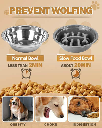 Elevated Dog Bowls with Mat, Non-Slip Dog Feeder with 1*Stainless Steel Dishes & 1*Slow Feeder Bowl, 5 Heights Adjustable Raised Bowls for 3.15″-8.66″-9.84″-11.02″-12.2″