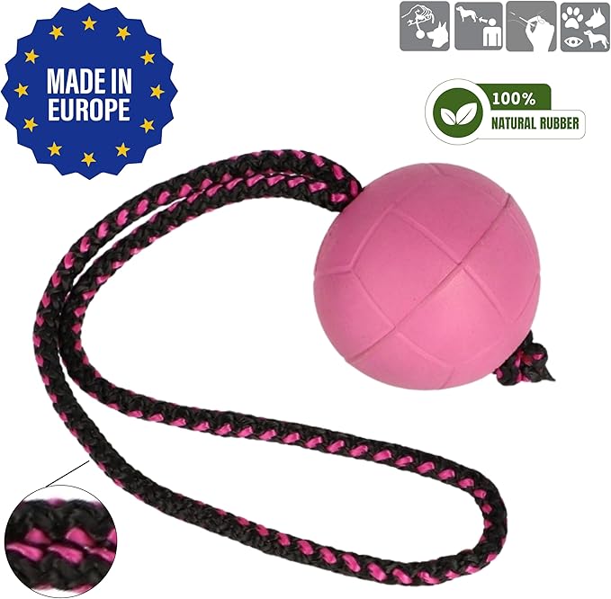Dingo BIBI Ball for Dog Training, Floating, Retrieving Toy for Dog, Soft Rubber and Rope Handle, Pink Color 17251