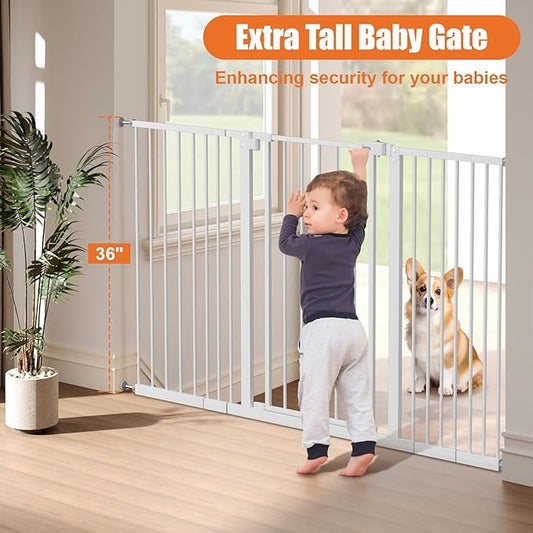 keny 36" Extra Tall Baby Gate for Stairs, 29"-55" Wide Auto Close Dog Gate for Doorways, Pressure Mounted Easy Walk Through Pet Gate with Door, White