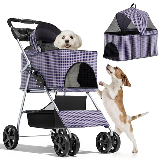 Magshion Foldable Pet Stroller, 3-in-1 Dog Travel Jogger with Detachable Carrier, Cup Holder, Storage Basket, Folding Carrier for Small/Medium Dogs & Cats Up to 33 lbs, Plaid