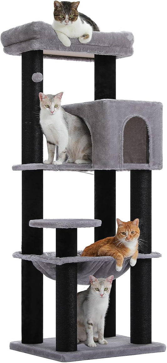 MUTTROS Large Cat Tree with Reinforced Scratching Posts (φ3.7in) for Big Adult Cats 30 lbs, 57.8" Heavy Duty Cat Tower with Larger Hammock and Condo, Cat Furniture for Maine Coon, Plush,Black