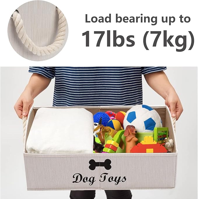 Geyecete Large Dog Toys Storage Bins-Foldable Fabric Trapezoid Organizer Boxes with Weave Rope Handle,Collapsible Basket for Shelves,Dog Apparel(Beige-Dog)