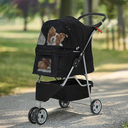 3 Wheels Dog Stroller, Foldable Pet Stroller for Small Medium Dogs, Portable Breathable Cat Stroller Dog Strollers with Storage Basket, Cup Holders, Removable Liner for Travel & Outdoor Use, Black