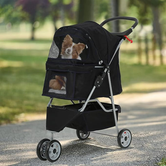3 Wheels Dog Stroller, Foldable Pet Stroller for Small Medium Dogs, Portable Breathable Cat Stroller Dog Strollers with Storage Basket, Cup Holders, Removable Liner for Travel & Outdoor Use, Black