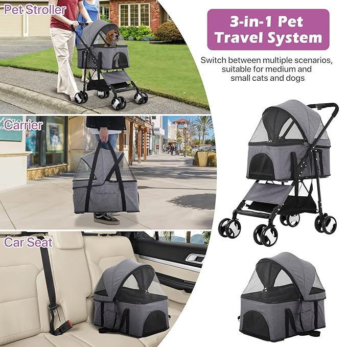 Pet Strollers, Dog Cat Stroller 3-in-1 Detachable Doggy Stroller for Small Medium Dogs 4 Wheel Dog Travel Cart Cat Walker Foldable Wagons for Dogs Trolley for Doggie Rabbit Puppy Strollers, Grey