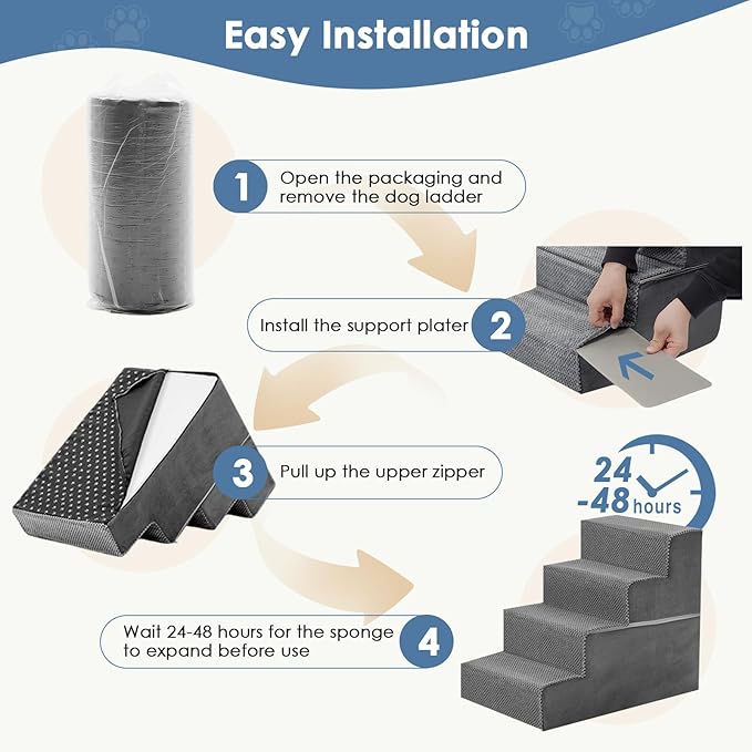 DUMOS Dog Stairs for Small Medium Dogs, 4-Steps Wider Non-Slip Balanced Indoor Foldable Dog Steps with Density Foam & Washable Cover, Cat Puppy Old Pet Stairs for High Bed, Couch, Sofa - Grey, 23" H