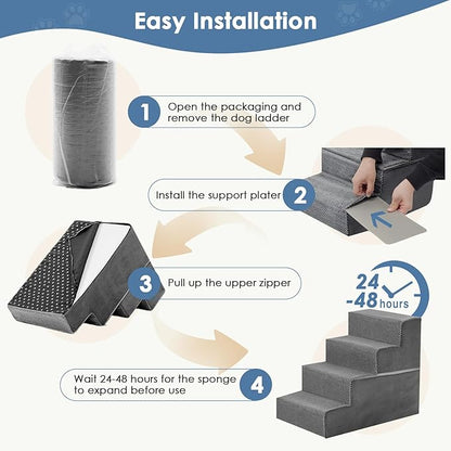 DUMOS Dog Stairs for Small Medium Dogs, 4-Steps Wider Non-Slip Balanced Indoor Foldable Dog Steps with Density Foam & Washable Cover, Cat Puppy Old Pet Stairs for High Bed, Couch, Sofa - Grey, 23" H