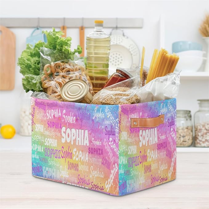 Custom Rectangle Storage Basket, Personalized Name Organizer Bin for Pet/Children Toys, Books, Clothes, Perfect for Rooms/Playroom, Watercolor Colorful Pink