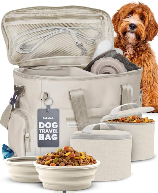 The Original Doggy Bag™ - Complete Dog Travel Bag for Supplies with 2 BPA-Free Travel Dog Bowls & 2 Pet Food Containers - Traveling Kit for Road Trips, Camping, Weekend Away or Doggy Gift: Beige