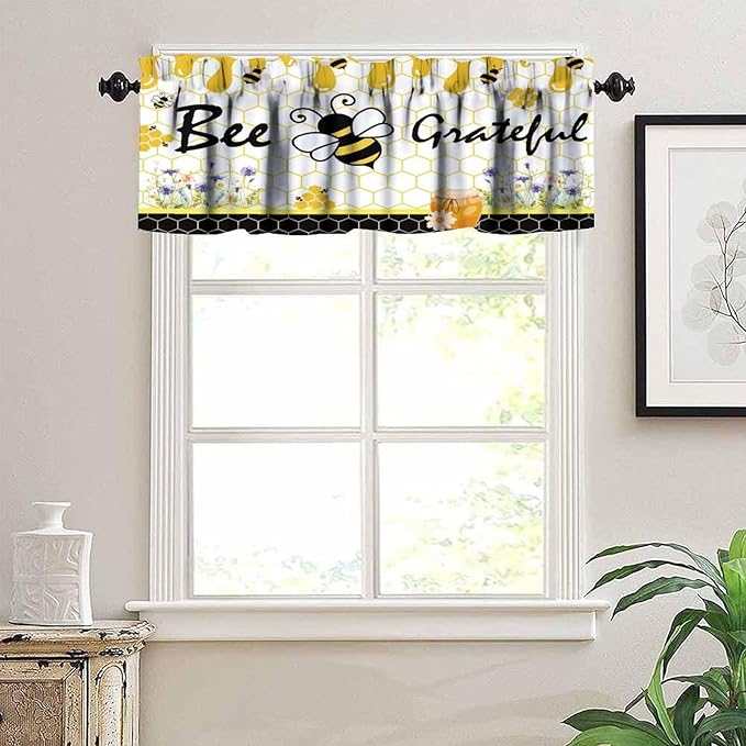 Rustic Bee Valances Curtain for Kitchen, Bees Spring Flower Yellow Black Honeycombs Window Treatment Valances Short Curtains Rod Pocket Drape for Dining Room Home Farmhouse Decor, 54x18inch