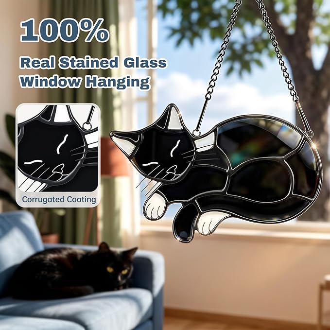 Black Cat Memorial Suncatcher,Handmade Stained Glass Window Haninging Ornament for Home Decor,Memorial Gifts for Pet Lovers,Pet Loss Sympathy Gift