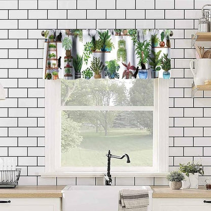 Bohemian Flower Window Valance Curtains, Colorful Boho Floral Black Cats Art Green House Tropical Plants Potted Flower Valance Curtain for Farmhouse Bedroom Living Room Kitchen 54x18inch