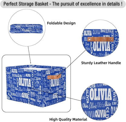 Personalized Kids Toy Box with Name, Custom Nursery Baskets Cubes Box, Kids Custom Storage Basket Laundry Baskets Organizer with Handles, Royal Blue Background