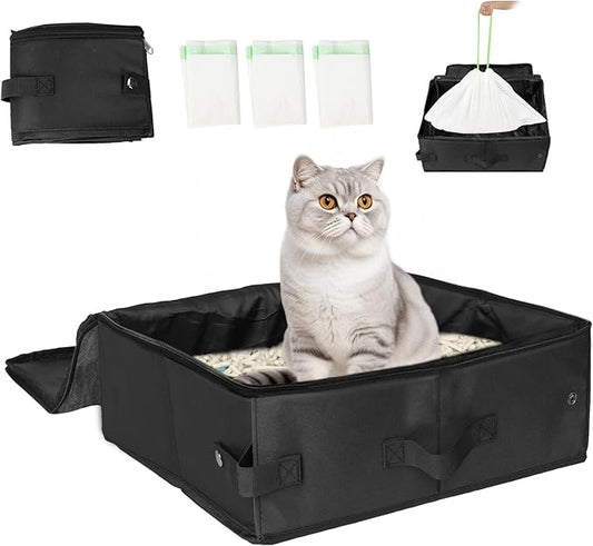 SZEE Travel Litter Box for Cats with Zipped Lid with 3 Pcs Disposable Liner Bags, Easy Cleaning, Suitable for Pets up to 15lbs, Portable Litter Box for Travel, Car, Hotel, Airplane, Camping - Black
