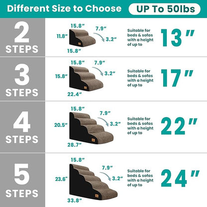 Dog Stairs Ramp for Small Dogs, 4 Step Dog Steps for Bed, 20.5'' H Curved Foam Pet Steps with Durable Non-Slip Waterproof Fabric Cover, Pet Stairs for Pets Joints, Brown