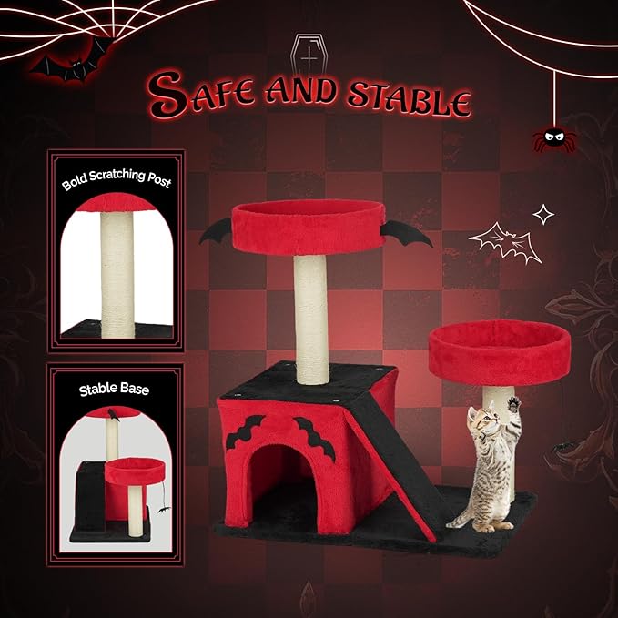 VINGLI 27.6in Gothic Cat Tree with Spacious Cat Condo & 2 Padded Perches, Red & Black Cat Tower with Scratching Ladder, Sisal Posts & Spider Toy for Large Cats