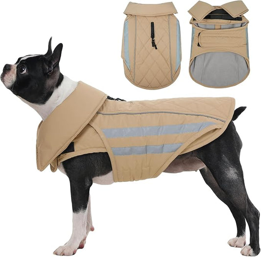 IECOii Dog Coat Waterproof - Adjustable Outdoor Dogs Cold Weather Coats & Reflective Winter Jacket with Broad Chest Breeds, Hunting Vest Jackets for Small Dogs, Rainy, Snowy, Khaki, Sizes M