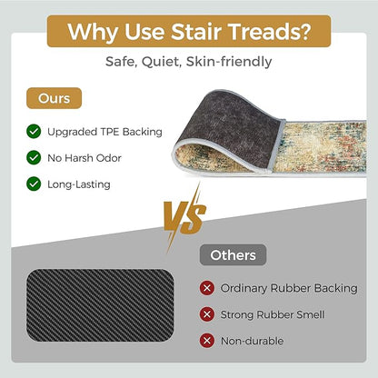Carpet Stair Treads Non Slip 15PCS, 8" X 30" Edging Stair Runner for Wooden Steps Indoor, Resistant Stair Rugs with Reusable TPE Adhesive Backing, Residue Mat for Elders, Pets, Ashstone/Grey