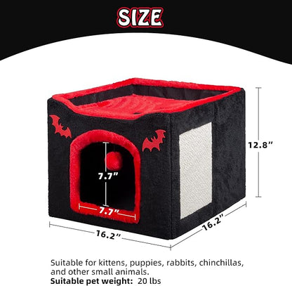 Gothic Cat House Bed for Indoor Cats Coffin Cat Condo with Scratch Pad and Fluffy Ball Toy, Foldable Hideaway Cube, Pet Bed for Kittens and Large Cats, 16.5x16.5x13in, Red Black Halloween