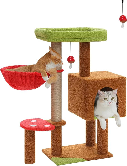 MUTTROS Mushroom Cat Tree with Sisal Scratching Posts, 35.4" Cute Cat Tower Cat Condo w/Large Green Top Perch, Soft Red Hammock, and Mushroom Dangling Ball, for Small-Medium Cats, Brown