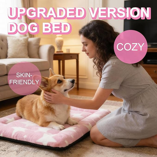 Washable Dog Bed Mat With Anti-Slip Bottom, Deluxe Plush Memory Foam Crate Pad & Waterproof Outdoor Kennel Mat For Dogs & Cats-Durable Crates Beds, Large Medium Small Puppy Size 36" x 24",pink