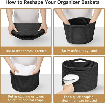 Small Rope Baskets for Storage, Baskets for Gifts Empty, Cute Round Woven Basket, Decorative Shelf Baskets 9.82×9.82×7.1", Cotton Toy Basket Storage Bins for Organizer-Black