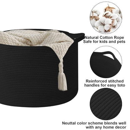 65L Large Blanket Basket,19.7" L x 19.7" W x 13" H Rope Woven Baskets with Handles, Toys Storage Bins,Laundry Basket Perfect for Living Room, Nursery,Bedroom,Home Organization,Black