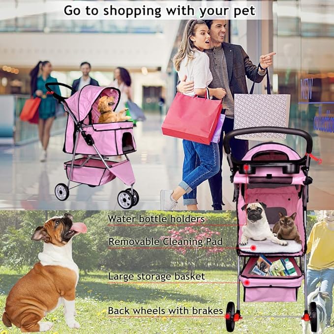 Dkeli 3-Wheel Pet Stroller, Lightweight Foldable Dog Stroller for Small Medium Dogs & Cats, Breathable Mesh & Weather Cover with Storage Basket, for Daily Walk Outdoor Travel (Pink)
