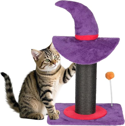 VINGLI 23.7in Wizard Hat Cat Scratching Post with Spring Ball Toy for Indoor Cats, Halloween Cat Scratcher with Purple Wizard Hat Design, Sisal Wrapped Cat Scratcher