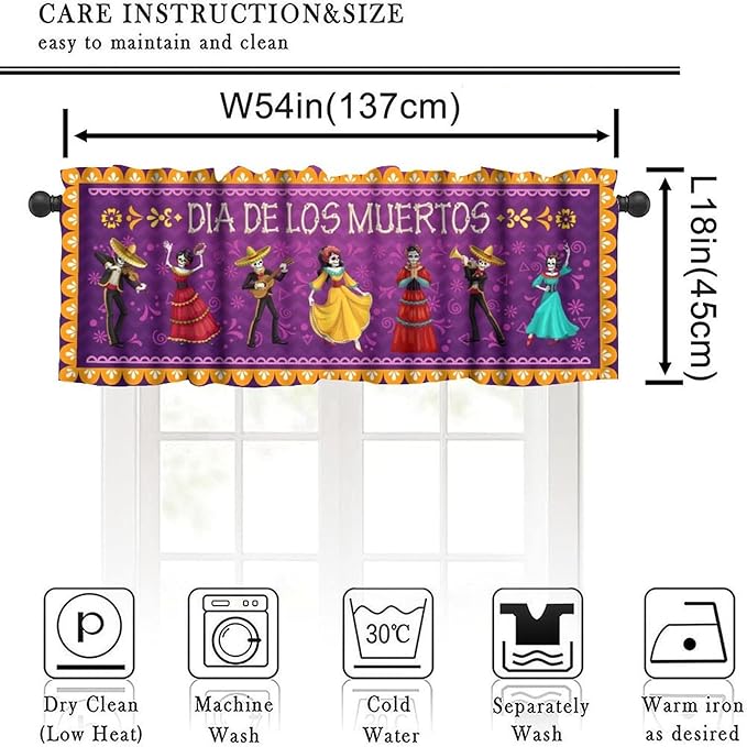 Mexican Style Valances Curtain for Kitchen, Dia De Los Muertos Carnival Holiday Musicians Pattern Window Treatment Valances Short Curtains Rod Pocket Drape for Dining Room Home Decor, 54x18inch