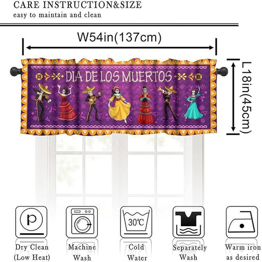 Mexican Style Valances Curtain for Kitchen, Dia De Los Muertos Carnival Holiday Musicians Pattern Window Treatment Valances Short Curtains Rod Pocket Drape for Dining Room Home Decor, 54x18inch