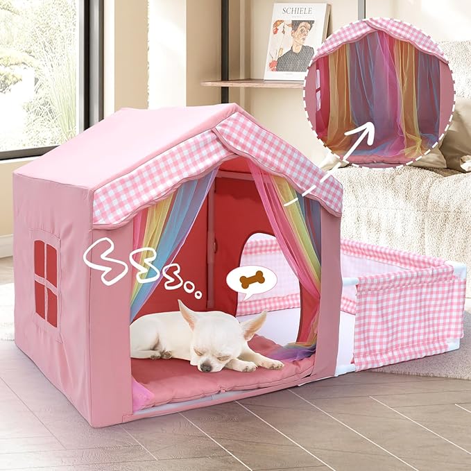 Cute Pink Princess 26 * 26 * 26.8" Dog House Bed for Pets Dogs Cats with Playpen, Cozy Confortable Puppy Cat Rabbit Kennel Bed Playhouse Tent w/Washable Cushion, Holds Up to 50lbs Pets